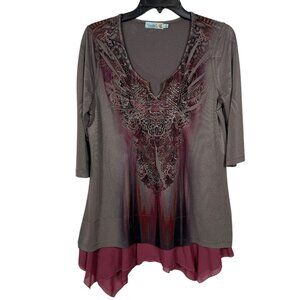 Unity World Wear Top Blouse Small Gray Burgundy Sequin Layered Fairycore Y2K